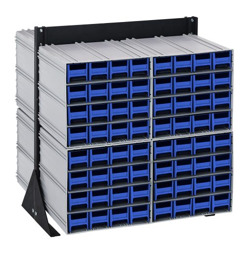 QIC-224-161_BL.jpg The Quantum Interlocking Storage Cabinets Floor Stand is a double-sided gray metal rack with 128 blue drawers, measuring 24D x 23-5/8W x 28H. It includes (8) QIC-161 and is supported by black triangular side stands, providing a sturdy solution for organizing small items.