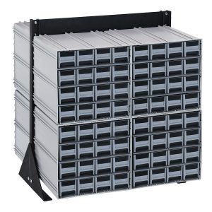 The Quantum Interlocking Storage Cabinets Floor Stand, double-sided and boasting 128 gray drawers, features two stacked columns with sturdy black finish steel brackets. Measuring 24D x 23-5/8W x 28H, it efficiently organizes tools with an impressive 750 lbs. load capacity.