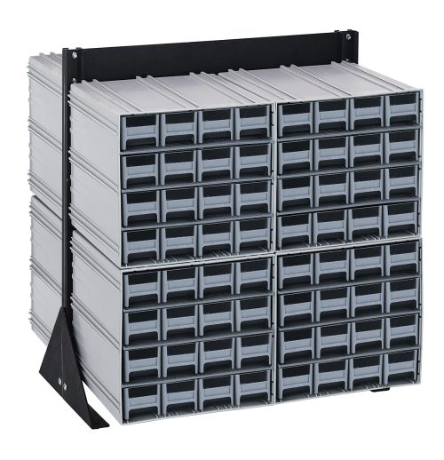 QIC-224-161_GY.jpg The Quantum Interlocking Storage Cabinets Floor Stand, double-sided and boasting 128 gray drawers, features two stacked columns with sturdy black finish steel brackets. Measuring 24D x 23-5/8W x 28H, it efficiently organizes tools with an impressive 750 lbs. load capacity.