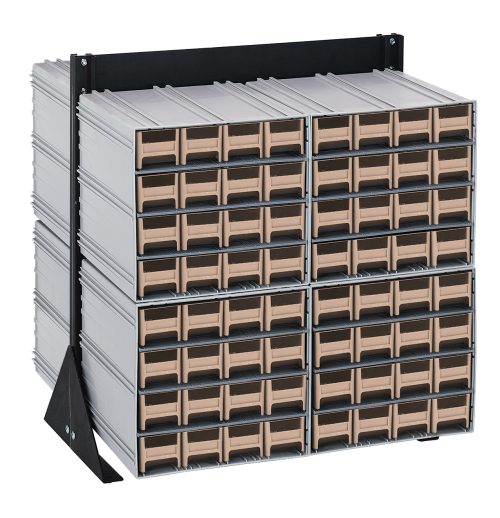 The Quantum Interlocking Storage Cabinets Floor Stand is double-sided with (128) ivory drawers perfect for organizing small parts or tools. Measuring 24D x 23-5/8W x 28H, the black-coated 14-gauge steel frame supports up to 750 lbs and features two side brackets for stability.