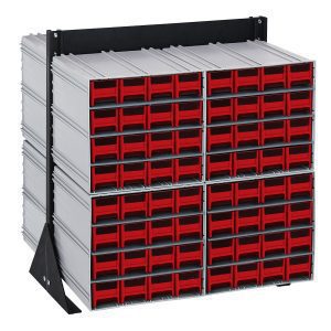 The Quantum Interlocking Storage Cabinets Floor Stand features a modular design with eight QIC-161 units, totaling 128 vibrant red drawers. Its metallic gray frame and black-coated steel supports offer efficient small item organization, with dimensions of 24D x 23-5/8W x 28H and a 750 lbs. capacity.