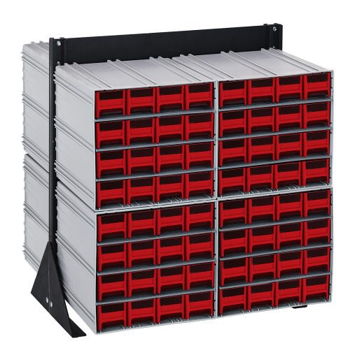 QIC-224-161_RD.jpg The Quantum Interlocking Storage Cabinets Floor Stand features a modular design with eight QIC-161 units, totaling 128 vibrant red drawers. Its metallic gray frame and black-coated steel supports offer efficient small item organization, with dimensions of 24D x 23-5/8W x 28H and a 750 lbs. capacity.