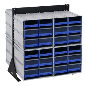 The Quantum Interlocking Storage Cabinets Floor Stand is a double-sided rack with a 750 lbs. load capacity, measuring 24D x 23-5/8W x 28H. It includes (48) blue drawers supported by a black-coated finish and contains (8) Qic-64 units to efficiently organize tools or small parts.