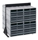 The Quantum Interlocking Storage Cabinets Floor Stand features a sleek black frame with 48 gray drawers in a double-sided 3x4 modular design. Made from 14-gauge steel, it holds up to 750 lbs and measures 24D x 23-5/8W x 28H.