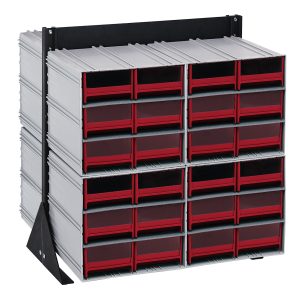 The Quantum Interlocking Storage Cabinets Floor Stand features a double-sided design with 48 red drawers and black handles. It stands on two black triangular supports, includes eight QIC-64 units, and offers a 750 lbs. load capacity with a sleek silver frame in a durable 14-gauge steel construction.