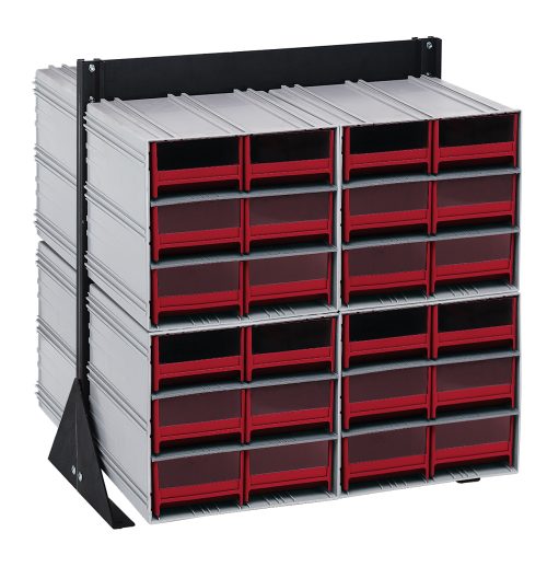 The Quantum Interlocking Storage Cabinets Floor Stand features a double-sided design with 48 red drawers and black handles. It stands on two black triangular supports, includes eight QIC-64 units, and offers a 750 lbs. load capacity with a sleek silver frame in a durable 14-gauge steel construction.