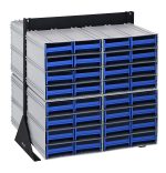 The Quantum Interlocking Storage Cabinets Floor Stand, featuring a durable black-coated 14-gauge steel frame, offers double-sided organization with 64 blue drawers for essential storage. It measures 24D x 23-5/8W x 28H and supports up to 750 lbs.
