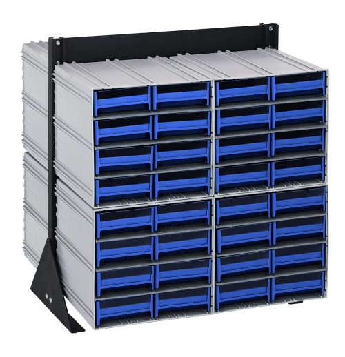 The Quantum Interlocking Storage Cabinets Floor Stand, featuring a durable black-coated 14-gauge steel frame, offers double-sided organization with 64 blue drawers for essential storage. It measures 24D x 23-5/8W x 28H and supports up to 750 lbs.