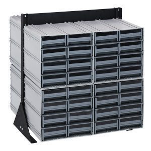 The Quantum Interlocking Storage Cabinets Floor Stand is a double-sided organizer with 64 gray drawers in a black-coated 14-gauge steel frame, measuring 24D x 23-5/8W x 28H. With its stackable design and high load capacity, it efficiently organizes small items in four columns and three rows.