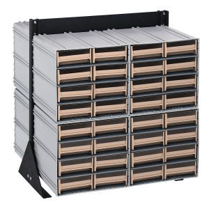 The Quantum Interlocking Storage Cabinet Floor Stand is double-sided, measuring 24D x 23-5/8W x 28H, with a black-coated 14-gauge steel frame. It features eight QIC-83 components and sixty-four ivory drawers, supporting up to 750 lbs., perfect for organizing small items or tools efficiently.