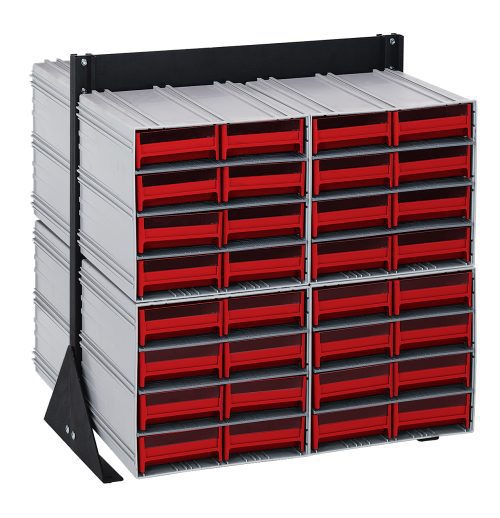 The Quantum Interlocking Storage Cabinet Floor Stand measures 24D x 23-5/8W x 28H and includes (64) red drawers in a double-sided grid, ideal for organizing screws or craft supplies. It features (8) QIC-83 components and a sturdy black 14-gauge steel frame with a 750 lbs load capacity.