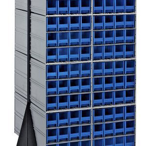 The Quantum Interlocking Storage Cabinets Floor Stand is a double-sided unit with 192 blue drawers, interlocking for secure storage, set on a sturdy black 14-gauge steel frame, and equipped with four caster wheels for mobility; dimensions are 24D x 23-5/8W x 52H with a load capacity of 750 lbs.