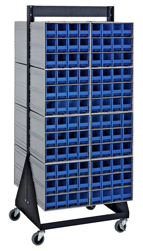 QIC-248-122_BL.jpg The Quantum Interlocking Storage Cabinets Floor Stand is a double-sided unit with 192 blue drawers, interlocking for secure storage, set on a sturdy black 14-gauge steel frame, and equipped with four caster wheels for mobility; dimensions are 24D x 23-5/8W x 52H with a load capacity of 750 lbs.