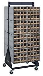 The Quantum Interlocking Storage Cabinets Floor Stand is a double-sided, mobile 24D x 23-5/8W x 52H cart with a sturdy 750 lbs. load capacity. Made of black-coated 14-gauge steel, it features (16) QIC-122 bins and (192) ivory drawers on four caster wheels for organizing small items or tools efficiently.