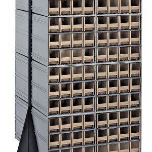 The Quantum Interlocking Storage Cabinets Floor Stand is a double-sided, mobile 24D x 23-5/8W x 52H cart with a sturdy 750 lbs. load capacity. Made of black-coated 14-gauge steel, it features (16) QIC-122 bins and (192) ivory drawers on four caster wheels for organizing small items or tools efficiently.