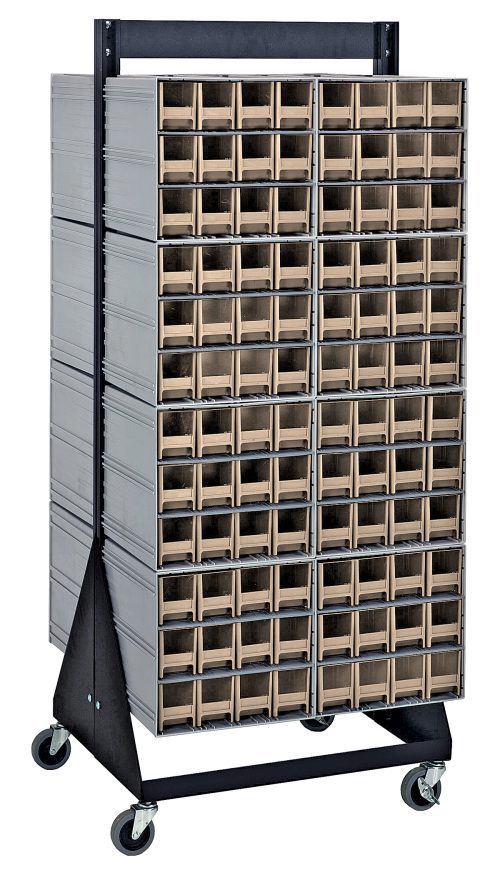 QIC-248-122_IV.jpg The Quantum Interlocking Storage Cabinets Floor Stand is a double-sided, mobile 24D x 23-5/8W x 52H cart with a sturdy 750 lbs. load capacity. Made of black-coated 14-gauge steel, it features (16) QIC-122 bins and (192) ivory drawers on four caster wheels for organizing small items or tools efficiently.