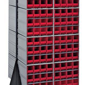 The Quantum Interlocking Storage Cabinets Floor Stand features a double-sided design with 192 red drawers, includes (16) QIC-122 units, and measures 24D x 23-5/8W x 52H. It has a black-coated steel base with four caster wheels for easy mobility and a load capacity of 750 lbs.