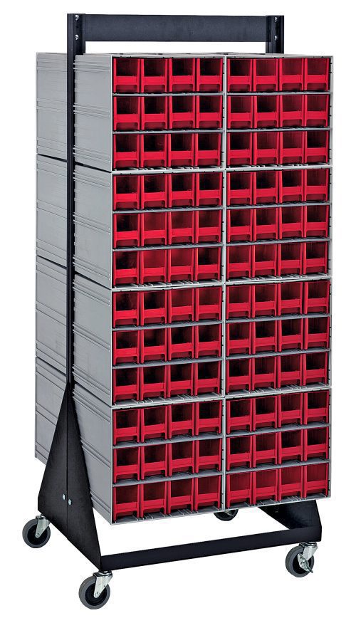 QIC-248-122_RD.jpg The Quantum Interlocking Storage Cabinets Floor Stand features a double-sided design with 192 red drawers, includes (16) QIC-122 units, and measures 24D x 23-5/8W x 52H. It has a black-coated steel base with four caster wheels for easy mobility and a load capacity of 750 lbs.
