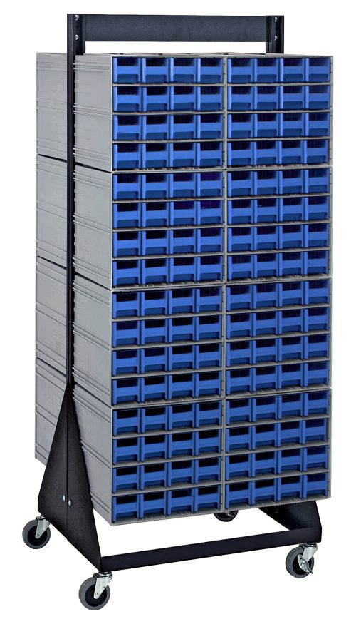 The Quantum Interlocking Storage Cabinets Floor Stand, featuring 16 QIC-161 units with 256 blue drawers, double-sided design, and a 750 lbs. load capacity, is crafted from durable 14-gauge steel with a black coated finish and includes a top handle for mobility. Dimensions: 24D x 23-5/8W x 52H.