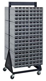 The Quantum Interlocking Storage Cabinets Floor Stand is a black, double-sided unit with interlocking cabinets and 256 gray open-front bins. It measures 24D x 23-5/8W x 52H, includes (16) Qic-161, and has a load capacity of 750 lbs., offering easy mobility for optimal organization.