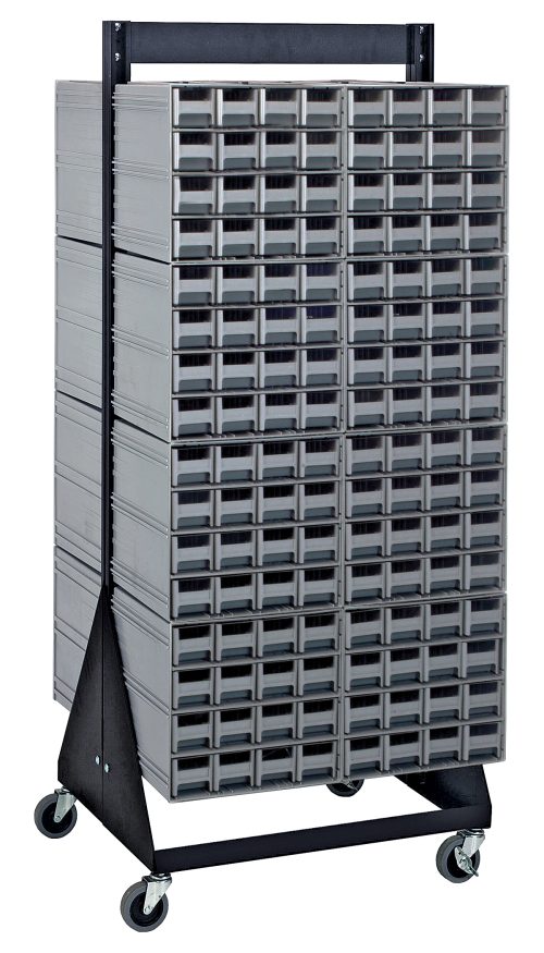 The Quantum Interlocking Storage Cabinets Floor Stand is a black, double-sided unit with interlocking cabinets and 256 gray open-front bins. It measures 24D x 23-5/8W x 52H, includes (16) Qic-161, and has a load capacity of 750 lbs., offering easy mobility for optimal organization.