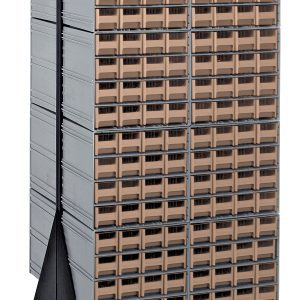 The Quantum Interlocking Storage Cabinets Floor Stand, double-sided and measuring 24D x 23-5/8W x 52H, includes 256 ivory drawers. Made from black-coated 14-gauge steel, it offers tool organization with stability and mobility, handling up to 750 lbs.