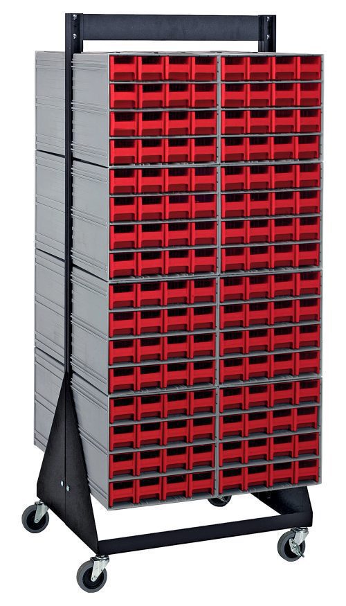 QIC-248-161_RD.jpg The Quantum Interlocking Storage Cabinets Floor Stand is a double-sided, mobile storage solution with 256 red drawers, 16 of which are QIC-161. It measures 24D x 23-5/8W x 52H and features a black-coated finish on its robust steel frame with wheels for easy mobility.
