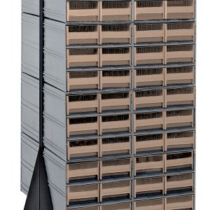 The Quantum Interlocking Storage Cabinets Floor Stand is a tall, double-sided unit (24D x 23-5/8W x 52H) with a black coated finish, featuring (96) ivory drawers with clear fronts and (16) QIC-64 inserts. It supports up to 750 lbs and has wheels for easy mobility.