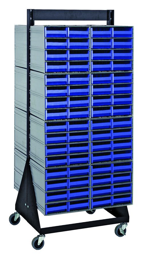 The Quantum Interlocking Storage Cabinets Floor Stand is double-sided, measuring 24D x 23-5/8W x 52H. It features a durable black-coated 14-gauge steel frame with four wheels and holds up to 750 lbs. Includes (16) QIC-83 and (128) blue drawers for versatile item storage.