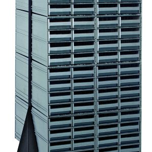 The Quantum Interlocking Storage Cabinets Floor Stand, double-sided and measuring 24D x 23-5/8W x 52H, features (128) gray drawers, (16) QIC-83 units on a metal frame with four caster wheels. With a 750 lbs. load capacity, this black-coated 14-gauge steel rack is perfect for organizing tools or small items.