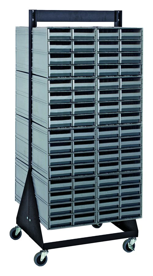 QIC-248-83_GY.jpg The Quantum Interlocking Storage Cabinets Floor Stand, double-sided and measuring 24D x 23-5/8W x 52H, features (128) gray drawers, (16) QIC-83 units on a metal frame with four caster wheels. With a 750 lbs. load capacity, this black-coated 14-gauge steel rack is perfect for organizing tools or small items.