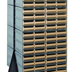 The Quantum Interlocking Storage Cabinets Floor Stand is a double-sided organizer with dimensions of 24D x 23-5/8W x 52H, featuring a black coated finish and sturdy 14 gauge steel construction. It includes (16) QIC-83 units, (128) ivory drawers, and supports up to 750 lbs for efficient storage.