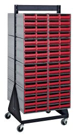 The Quantum Interlocking Storage Cabinets Floor Stand features dimensions of 24D x 23-5/8W x 52H, supports up to 750 lbs, and includes (16) QIC-83 with (128) red drawers. It is supported by a black-coated, double-sided frame made of 14-gauge steel for efficient organization.