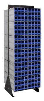 The Quantum Interlocking Storage Cabinets Floor Stand is a double-sided, black-coated steel rack measuring 24D x 23-5/8W x 75H. With a 750 lbs. load capacity, it features multiple rows of blue drawers, perfect for organizing tools or parts in workshops and garages, while ensuring space efficiency and stability.