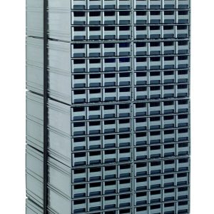 A large, double-sided Quantum Interlocking Storage Cabinet with 384 gray grid-patterned drawers in black metal frames is supported by two triangular legs. It holds up to 750 lbs and includes (24) QIC-161. Dimensions: 24D x 23-5/8W x 75H, made from black-coated 14 gauge steel.