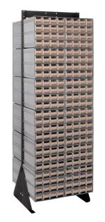 The Quantum Interlocking Storage Cabinets Floor Stand includes 384 ivory drawers in a symmetrical grid, secured on a double-sided rack. With its robust 14-gauge black-coated steel frame, it measures 24D x 23-5/8W x 75H and supports up to 750 lbs for efficient storage.