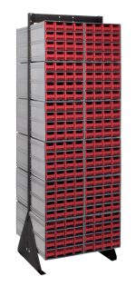 The Quantum Interlocking Storage Cabinets Floor Stand is a double-sided, black-coated unit measuring 24D x 23-5/8W x 75H. It features a metallic frame with 384 red drawers and a load capacity of 750 lbs., expertly organizing small items or tools in multiple rows and columns.