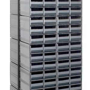 The Quantum Interlocking Storage Cabinets Floor Stand is a double-sided, 24D x 23-5/8W x 75H unit made of black-coated 14-gauge steel. It holds up to 750 lbs and features multiple rows of small gray drawers for efficient organizing, perfect for storing small items with its triangular base.