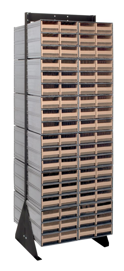 QIC-270-64_IV.jpg The Quantum Interlocking Storage Cabinets Floor Stand, double-sided and measuring 24D x 23-5/8W x 75H, features 144 ivory drawers for small item storage. It has a sturdy triangular base, supports up to 750 lbs., and is made from black-coated 14-gauge steel.
