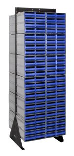 The Quantum Interlocking Storage Cabinets Floor Stand features a double-sided design with 192 blue QIC-83 drawers. Measuring 24D x 23-5/8W x 75H, it offers a sturdy frame and triangular base for stability, supporting up to 750 lbs. Made from 14-gauge steel, it has a durable black coated finish.