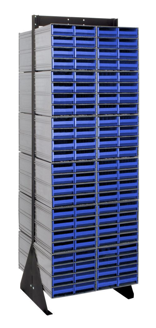The Quantum Interlocking Storage Cabinets Floor Stand features a double-sided design with 192 blue QIC-83 drawers. Measuring 24D x 23-5/8W x 75H, it offers a sturdy frame and triangular base for stability, supporting up to 750 lbs. Made from 14-gauge steel, it has a durable black coated finish.