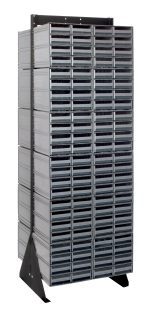 The Quantum Interlocking Storage Cabinets Floor Stand, sized at 24D x 23-5/8W x 75H, features a double-sided design with a black-coated sturdy frame. It includes (192) gray drawers, supports up to 750 lbs., and is constructed from 14-gauge steel for efficient item organization.