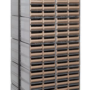 The Quantum Interlocking Storage Cabinets Floor Stand is a double-sided unit with a black coated finish and 14-gauge steel. Measuring 24D x 23-5/8W x 75H, it includes 24 QIC-83 drawers for organizing materials and features a sturdy base with a load capacity of 750 lbs.