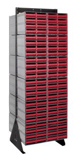 The Quantum Interlocking Storage Cabinets Floor Stand is a double-sided unit with a black base, measuring 24D x 23-5/8W x 75H. It includes 192 red drawers and supports up to 750 lbs., offering efficient organization with durable 14-gauge steel construction and a sleek black coated finish.