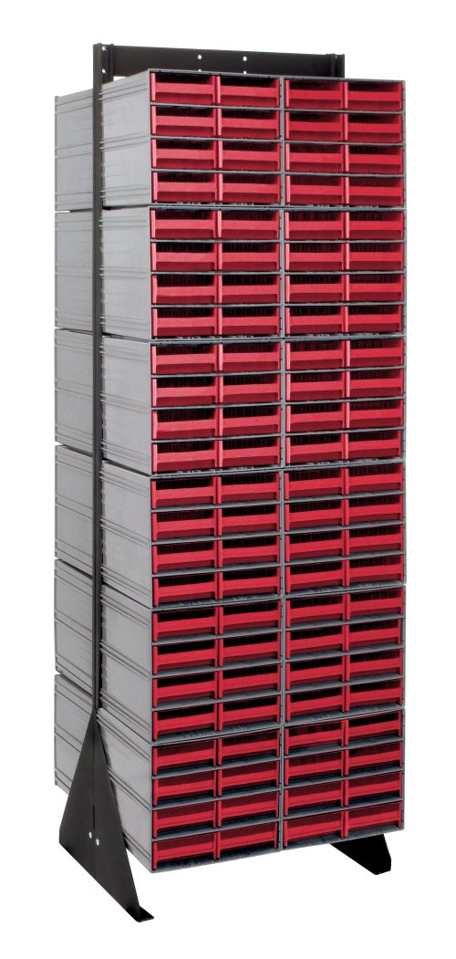 The Quantum Interlocking Storage Cabinets Floor Stand is a double-sided unit with a black base, measuring 24D x 23-5/8W x 75H. It includes 192 red drawers and supports up to 750 lbs., offering efficient organization with durable 14-gauge steel construction and a sleek black coated finish.