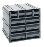The Quantum Interlocking Storage Cabinets, measuring 11-3/8D x 11-3/4W x 11H, feature interlocking gray cabinets with eight pull-out drawers in two columns and four rows. Each drawer has windows and two dividers. Made in the USA, these modular units mount on walls and offer horizontal grooves for easy access.