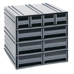 The Quantum Interlocking Storage Cabinets, measuring 11-3/8D x 11-3/4W x 11H, feature interlocking gray cabinets with eight pull-out drawers in two columns and four rows. Each drawer has windows and two dividers. Made in the USA, these modular units mount on walls and offer horizontal grooves for easy access.