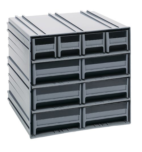 The Quantum Interlocking Storage Cabinets, measuring 11-3/8D x 11-3/4W x 11H, feature interlocking gray cabinets with eight pull-out drawers in two columns and four rows. Each drawer has windows and two dividers. Made in the USA, these modular units mount on walls and offer horizontal grooves for easy access.