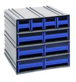 The Quantum Interlocking Storage Cabinets feature gray exteriors and blue drawers, with (4) IDR201 and (6) IDR203 configurations. They have windows, two dividers per drawer, stack horizontally or vertically, or mount on walls. Perfect for organizing small items, made in the USA.