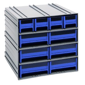 The Quantum Interlocking Storage Cabinets feature gray exteriors and blue drawers, with (4) IDR201 and (6) IDR203 configurations. They have windows, two dividers per drawer, stack horizontally or vertically, or mount on walls. Perfect for organizing small items, made in the USA.